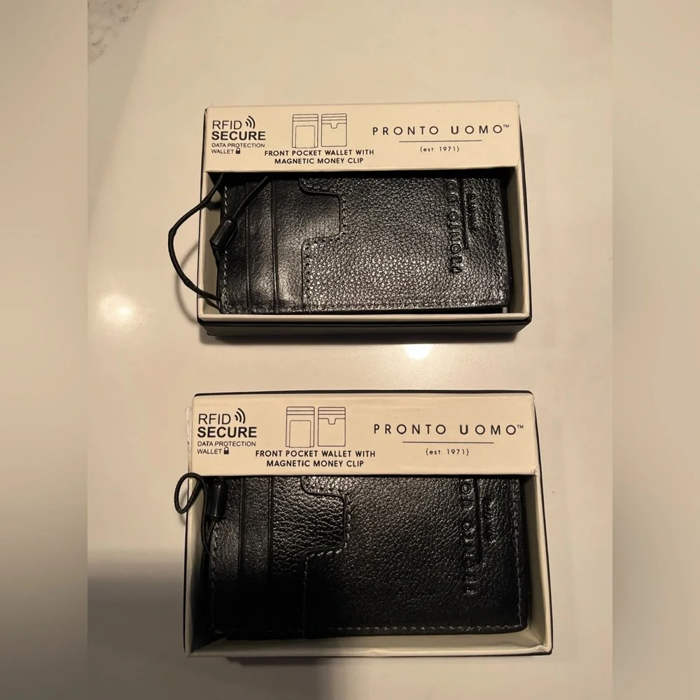 NWT men’s pronto uomo black pebbled leather wallet with RFID magnetic money clip